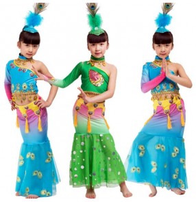 Gradient Blue green colored one shoulder mermaid girls kids children child performance competition modern dance cos play peacock dancing dresses outfits